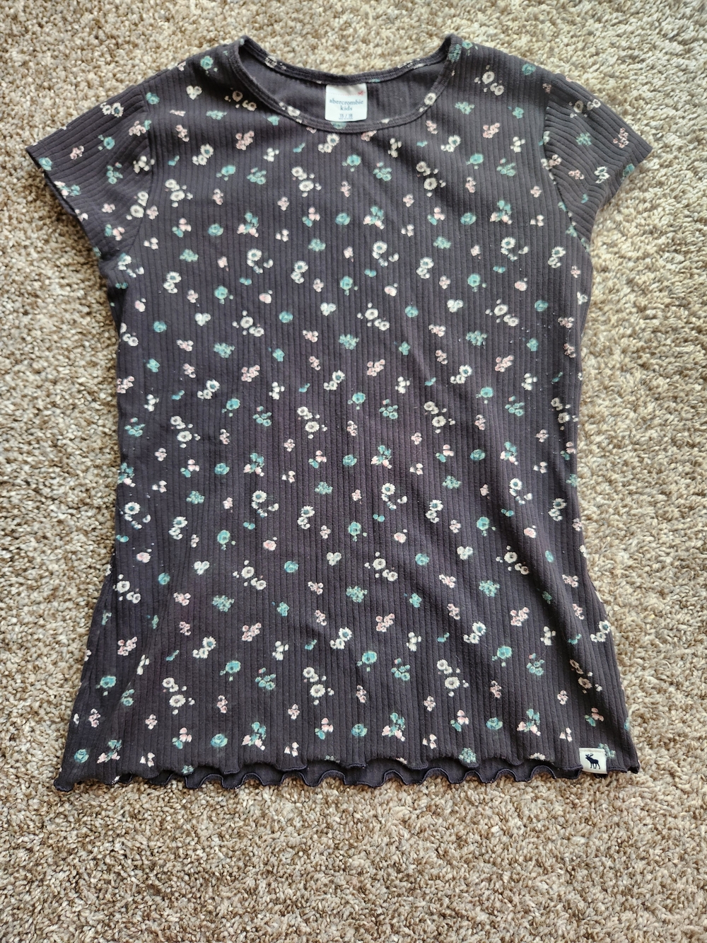 Abercrombie & Fitch Black Ribbed Floral Tee with Green and Cream Accent